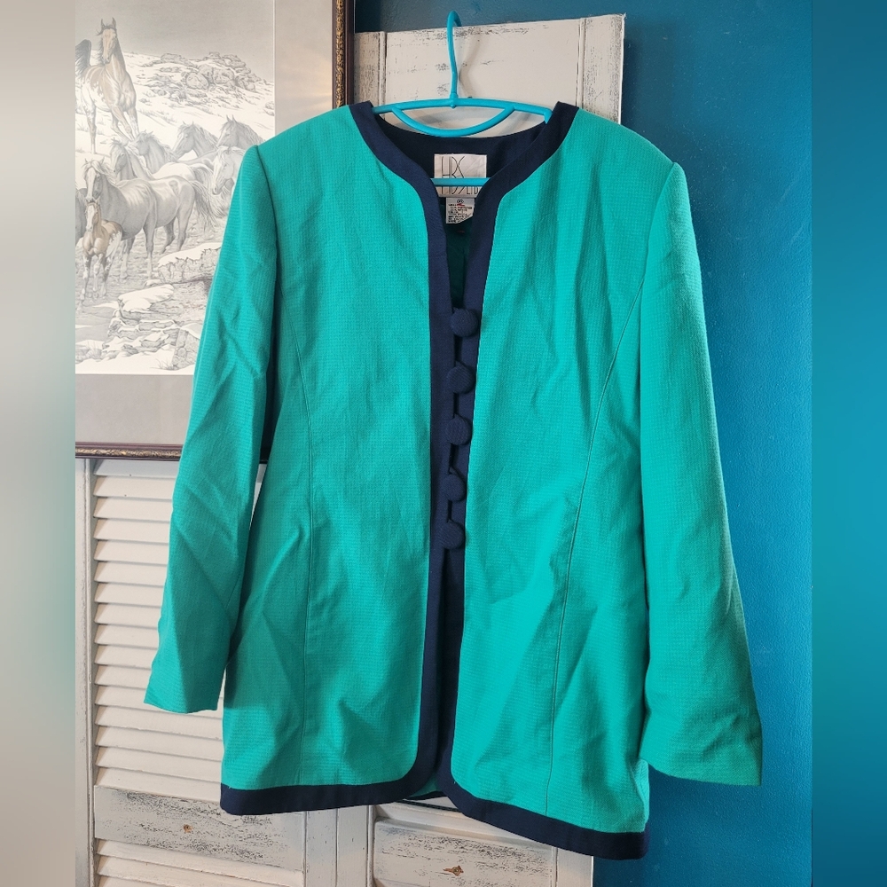 Vintage Women's Teal Blazer with Navy Trim